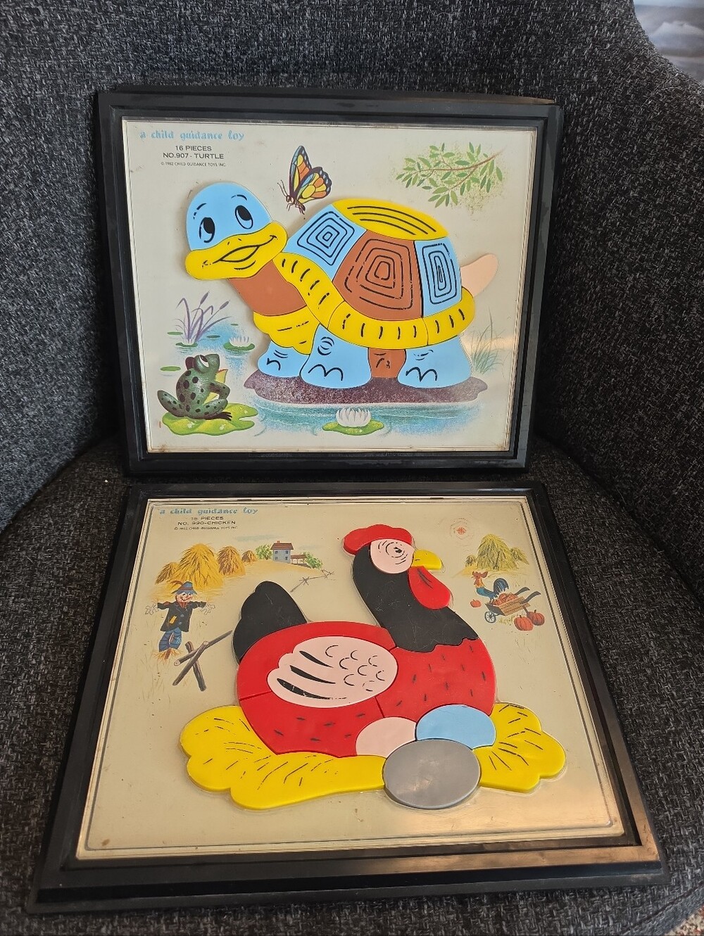 1962 Vintage Child Guidance Framed Magnetic Puzzles 920 Chicken 907 Turtle